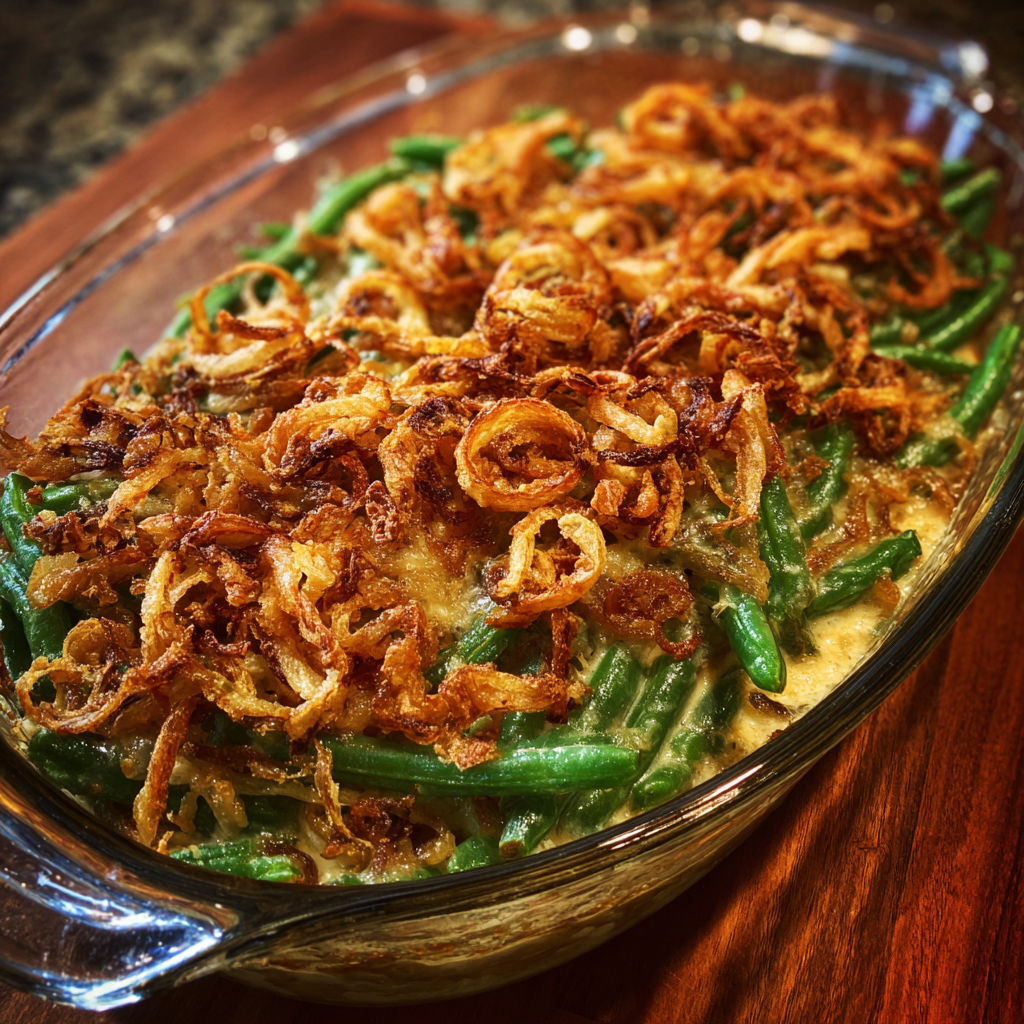 A delicious green bean casserole with crispy onions.