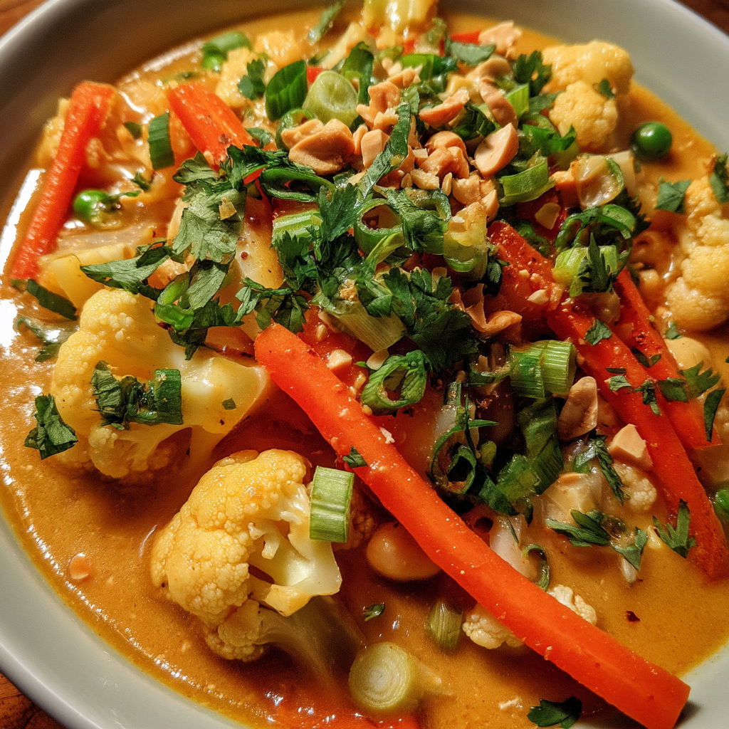 A bowl of food with cauliflower, carrots, and peanuts.