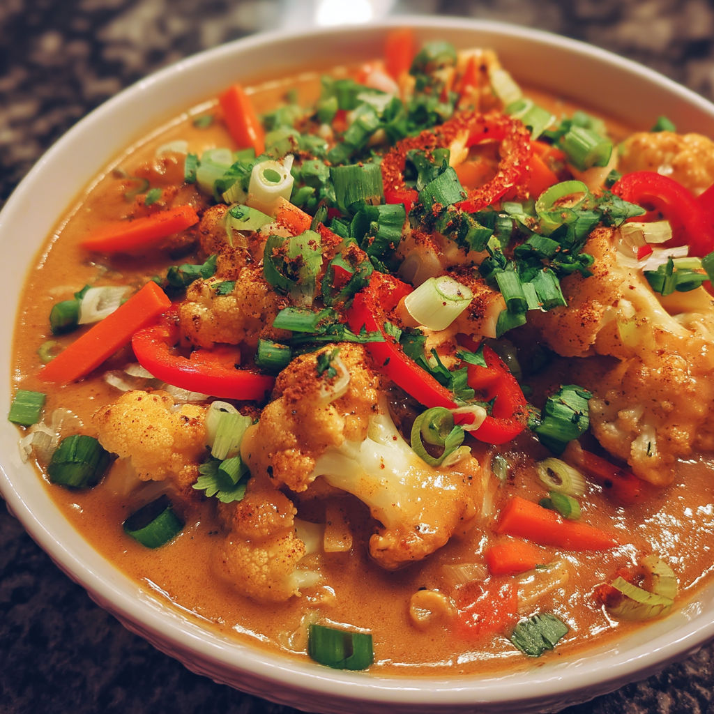 A bowl of food with cauliflower, peppers, and carrots.