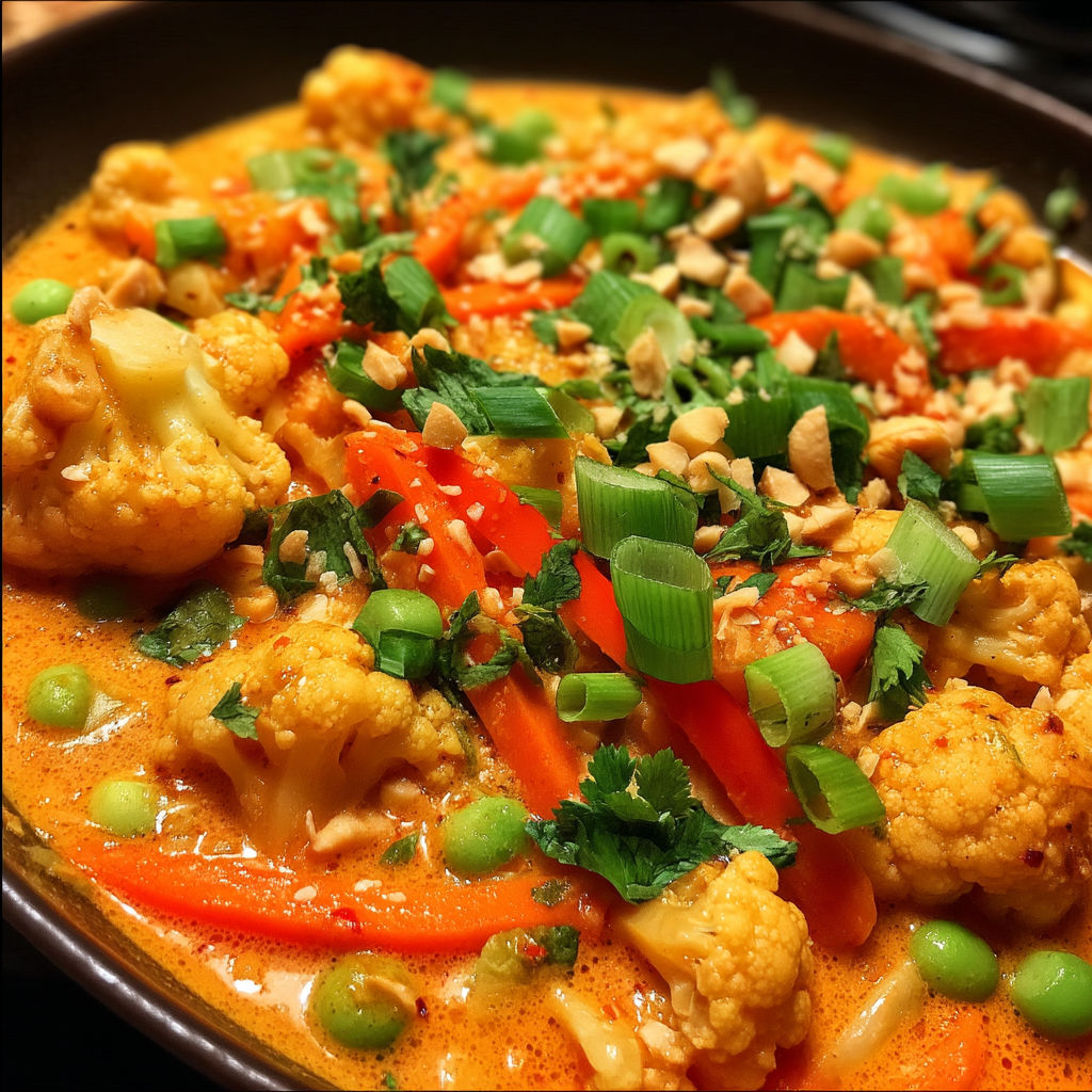 A bowl of Thai Coconut Peanut Cauliflower Curry Recipe.