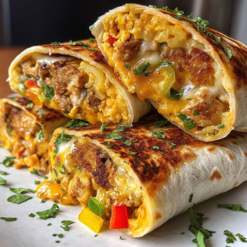 A stack of burritos with meat and vegetables.