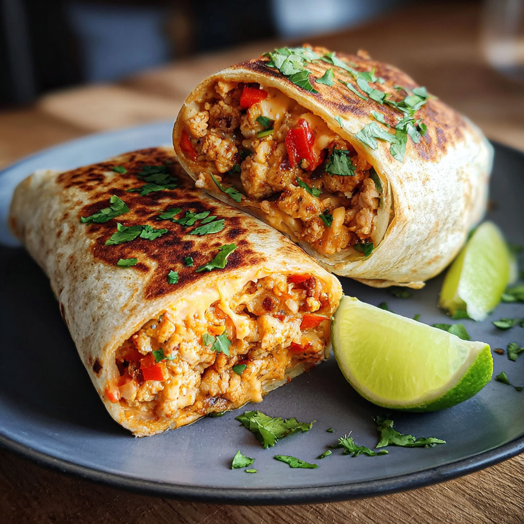 Two burritos filled with ground chicken and vegetables.