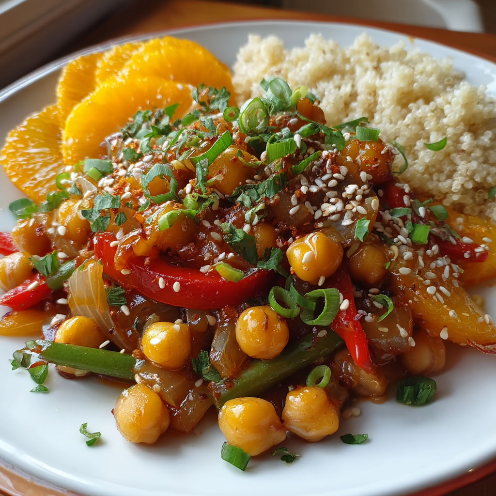 A plate of food with a stir-fry of chickpeas, onions, and peppers.