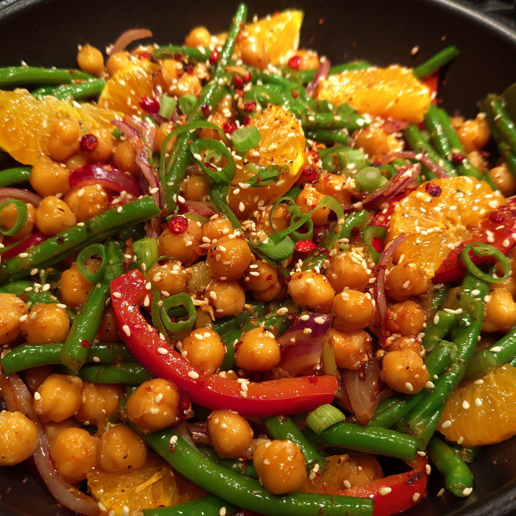 A dish of stir-fried chickpeas, onions, and orange peppers with sesame seeds and ginger.