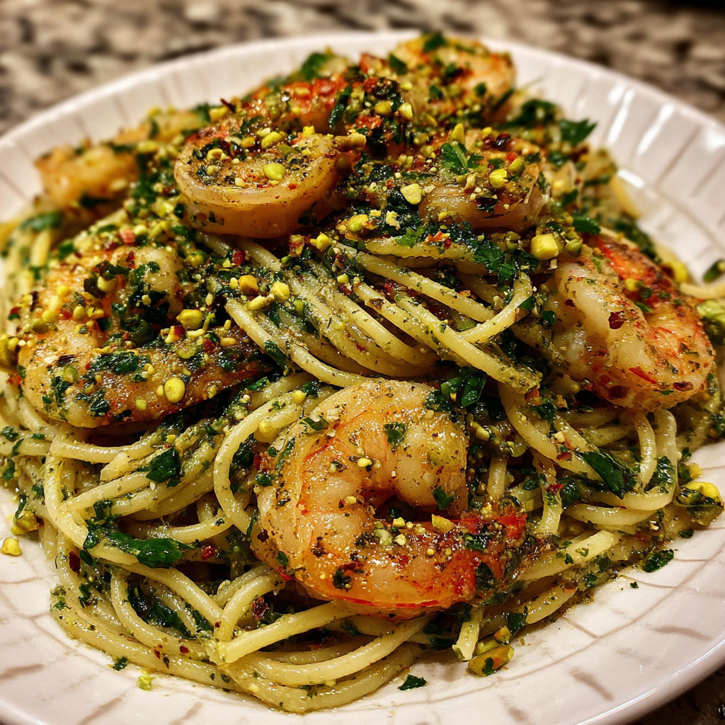 A plate of shrimp and pasta.