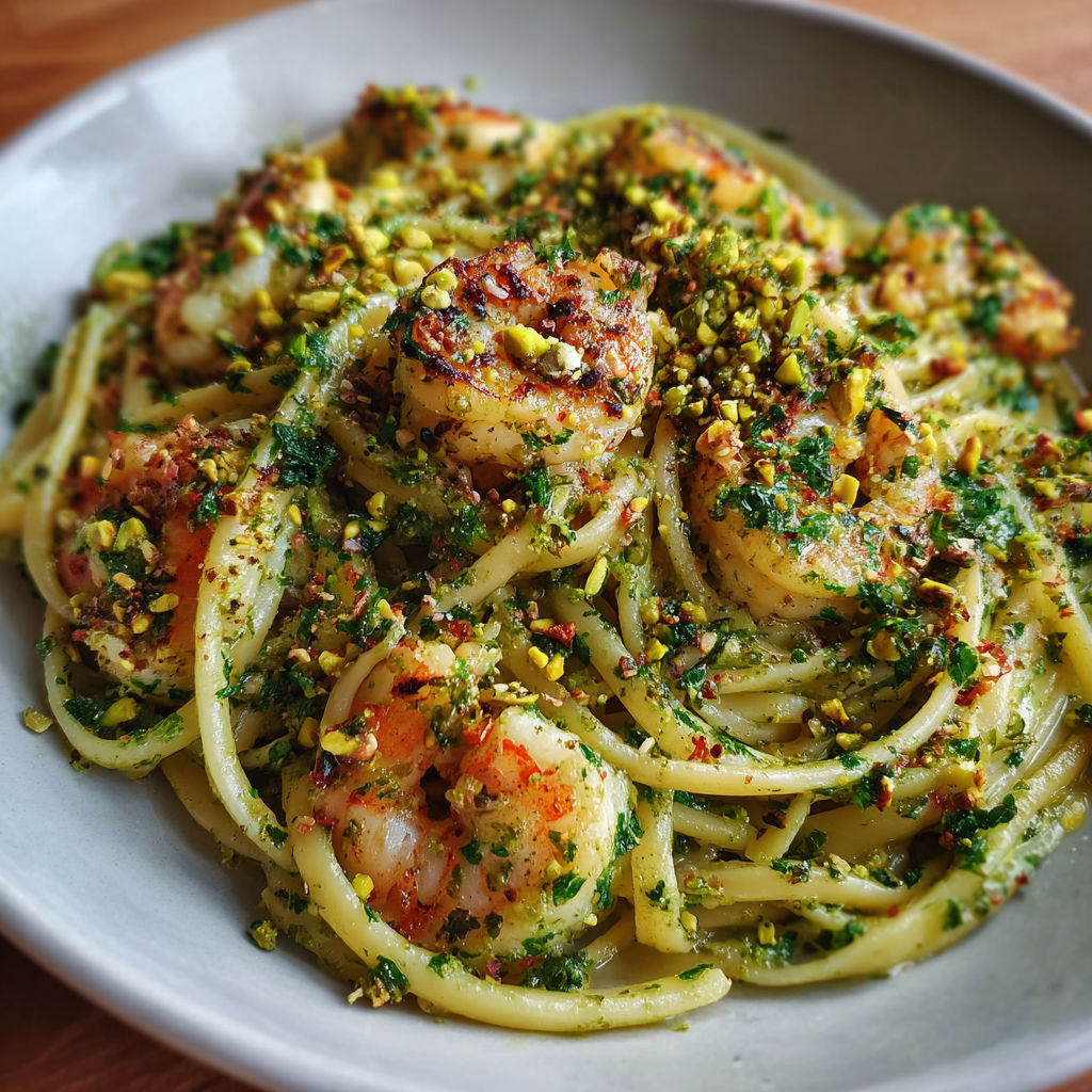 A bowl of pasta with shrimp and herbs.