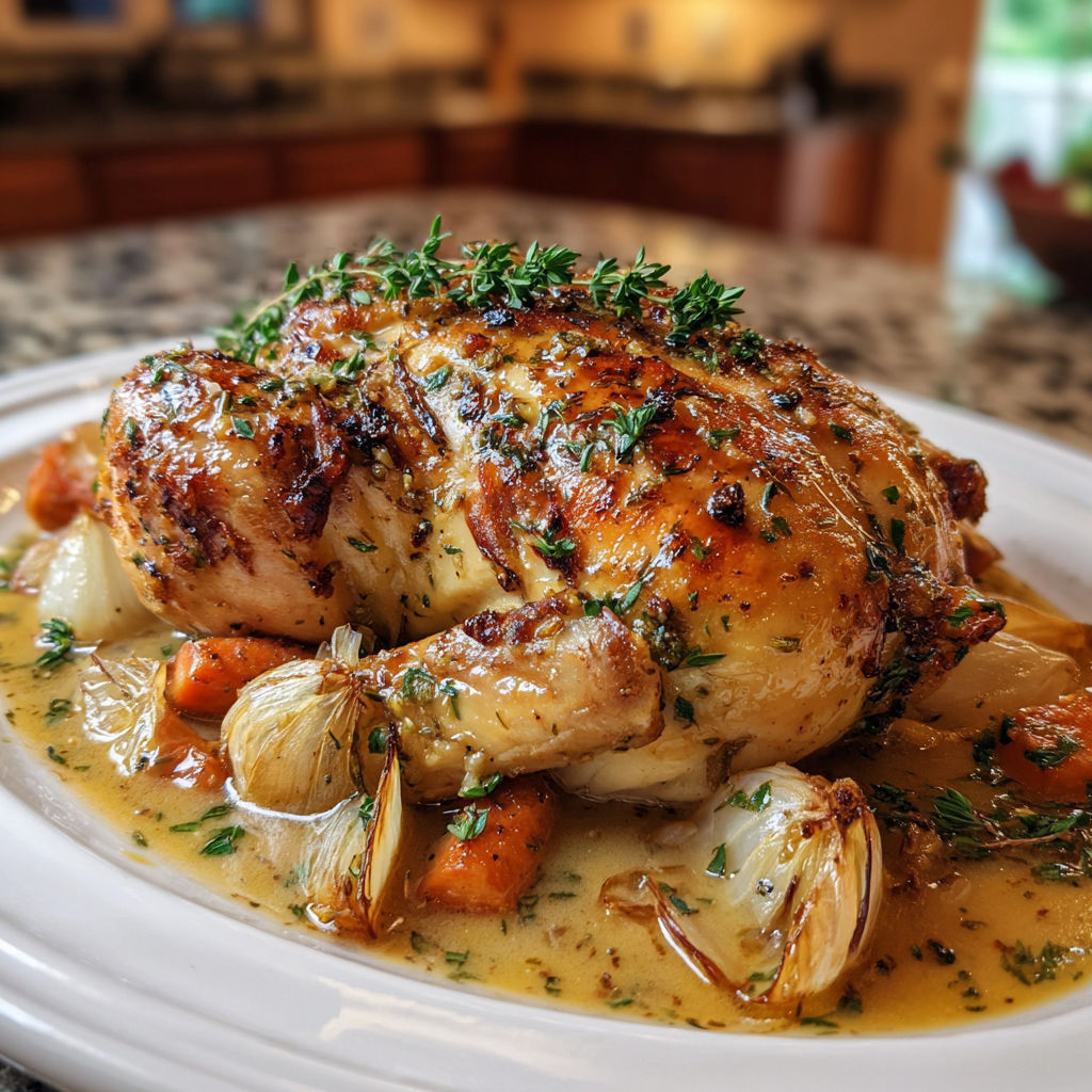 A roasted chicken with herbs and vegetables.
