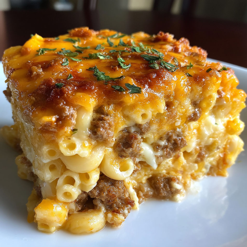 A slice of mac and cheese meatloaf casserole.