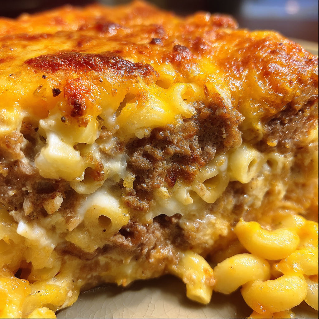 A close up of a casserole dish with macaroni and meat.