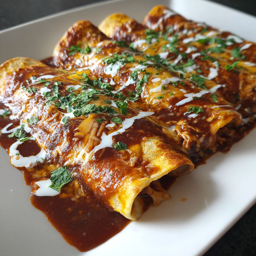 A plate of chicken enchiladas with a homemade sauce.