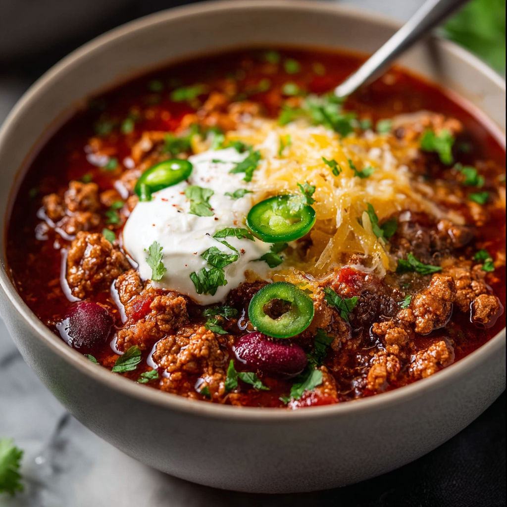 A bowl of chili with a spoon in it.