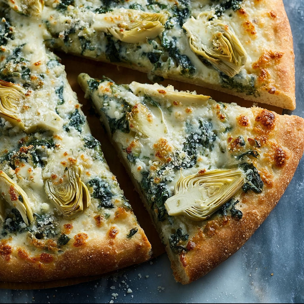 A slice of pizza with spinach and artichoke toppings.