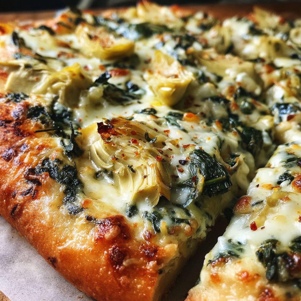 A slice of pizza with spinach and artichoke toppings.