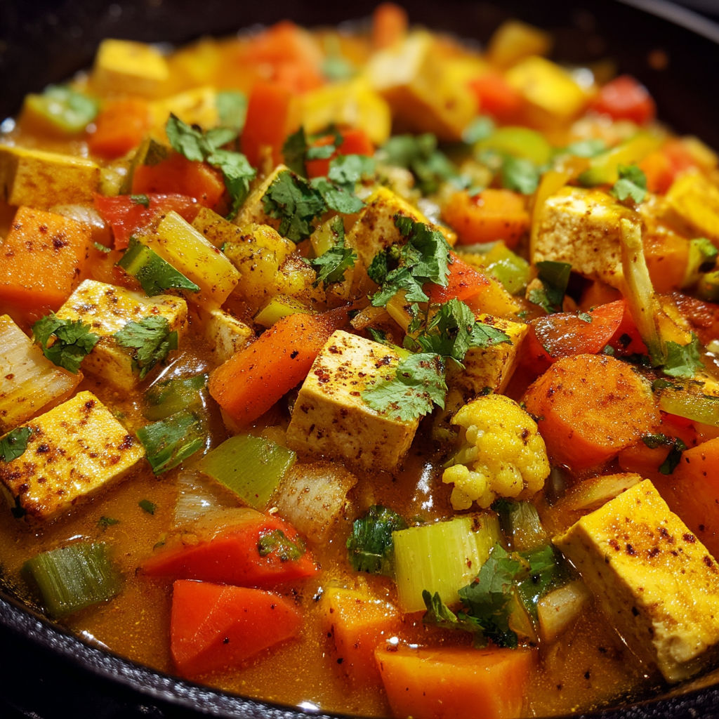 A bowl of vegetarian tofu coconut curry.