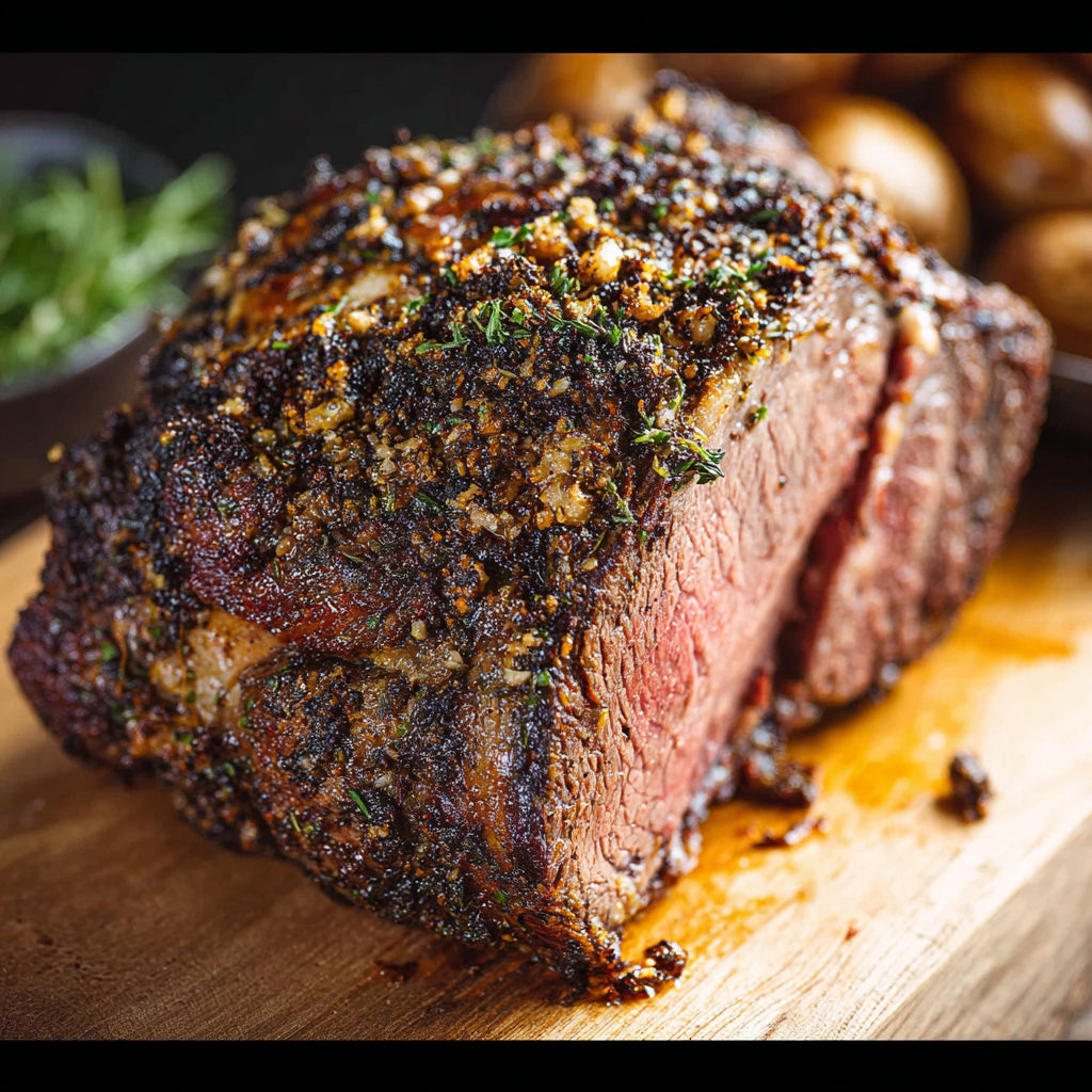 A large piece of meat with a butter and garlic crust.