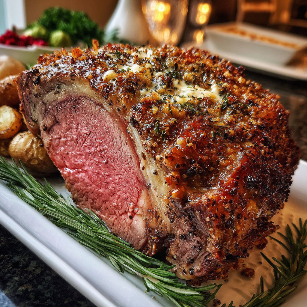 A large roast beef dinner with potatoes and vegetables.