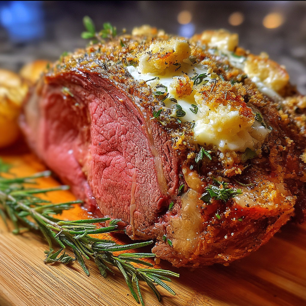 A roast beef dinner with a side of potatoes and herbs.