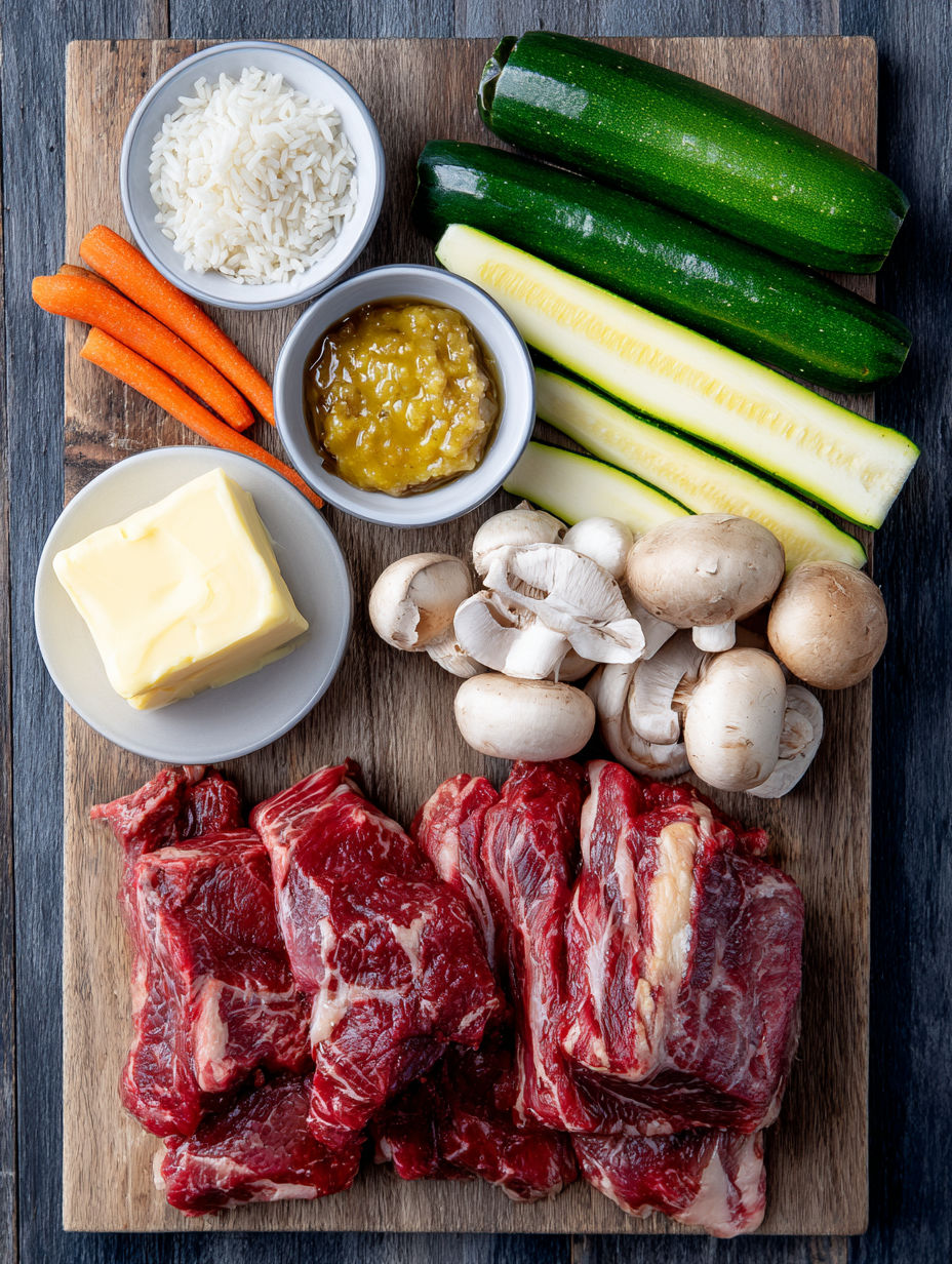 A variety of vegetables and meat on a cutting board.