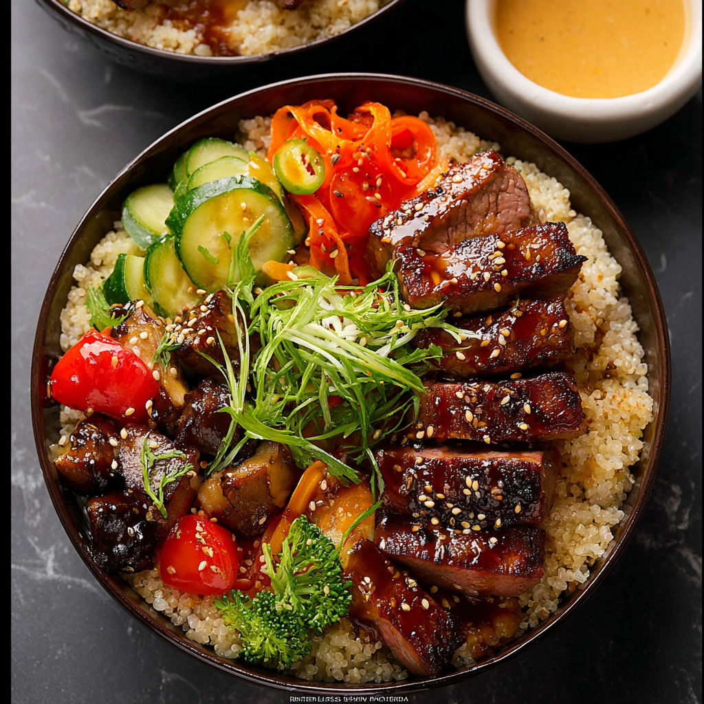 A bowl of food with meat and vegetables.