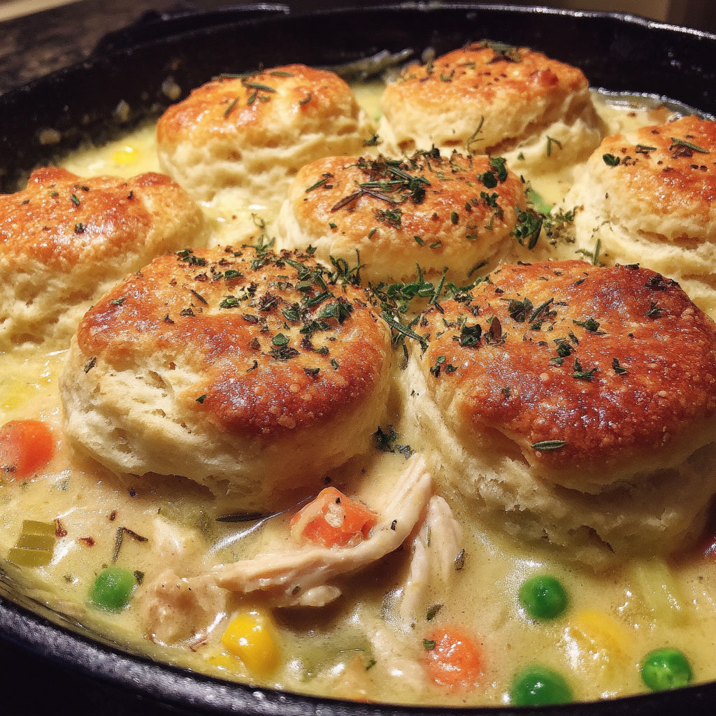 A skillet chicken pot pie with biscuit topping recipe.