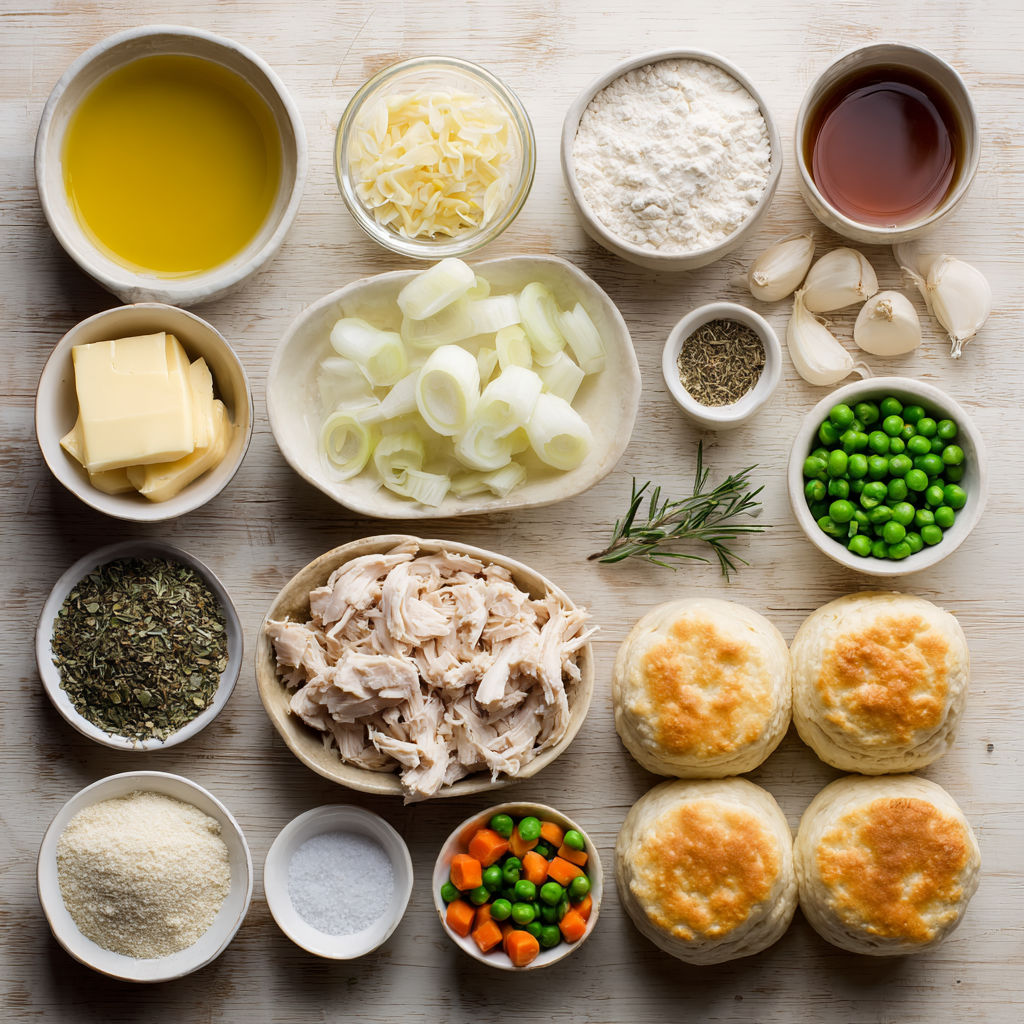 A table with various ingredients for a skillet chicken pot pie with biscuit topping recipe.