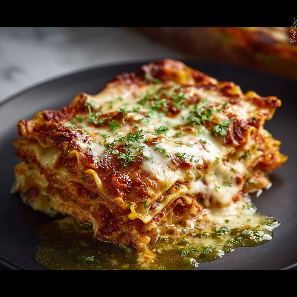 A plate of lasagna with cheese and herbs on top.