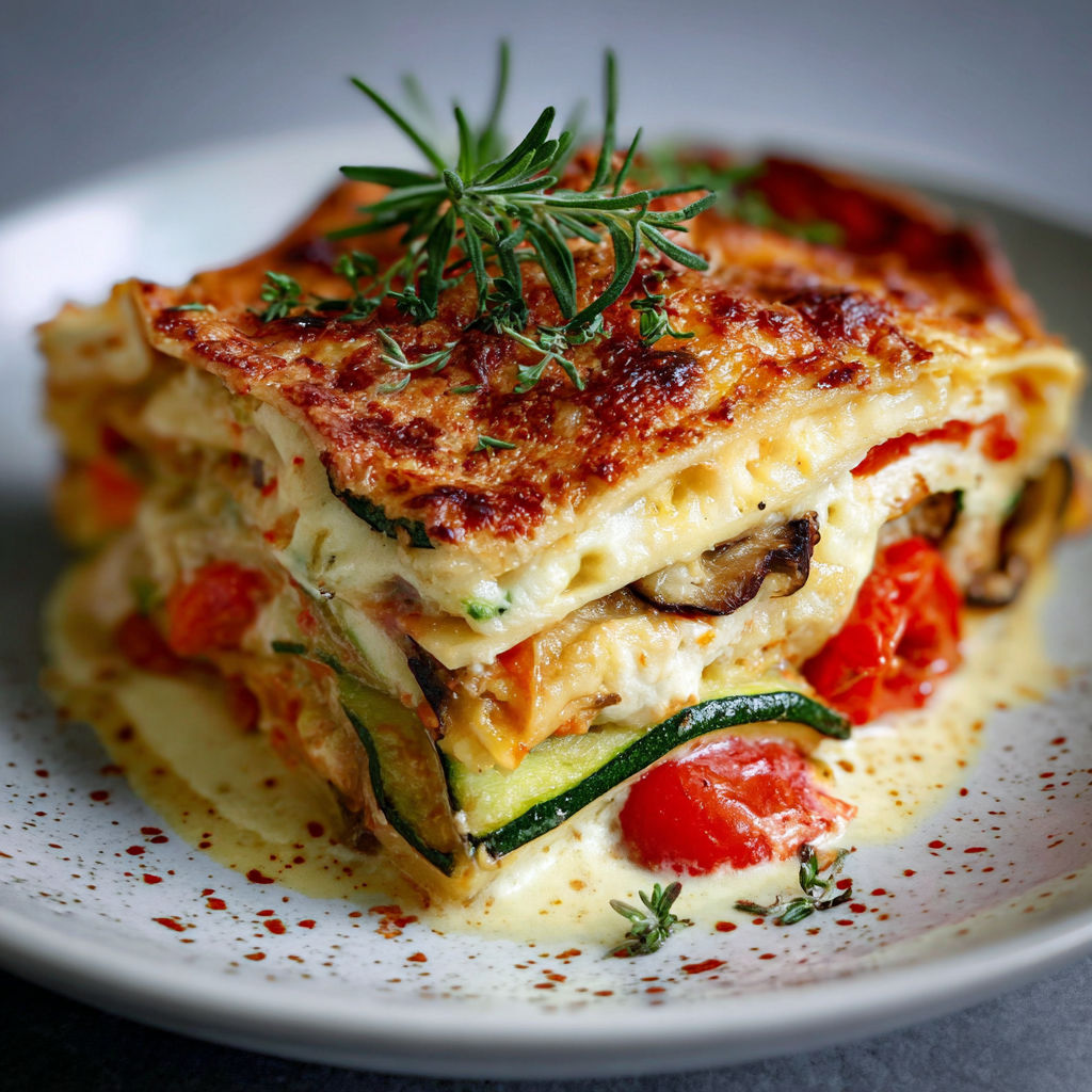 A dish of lasagna with vegetables on top.