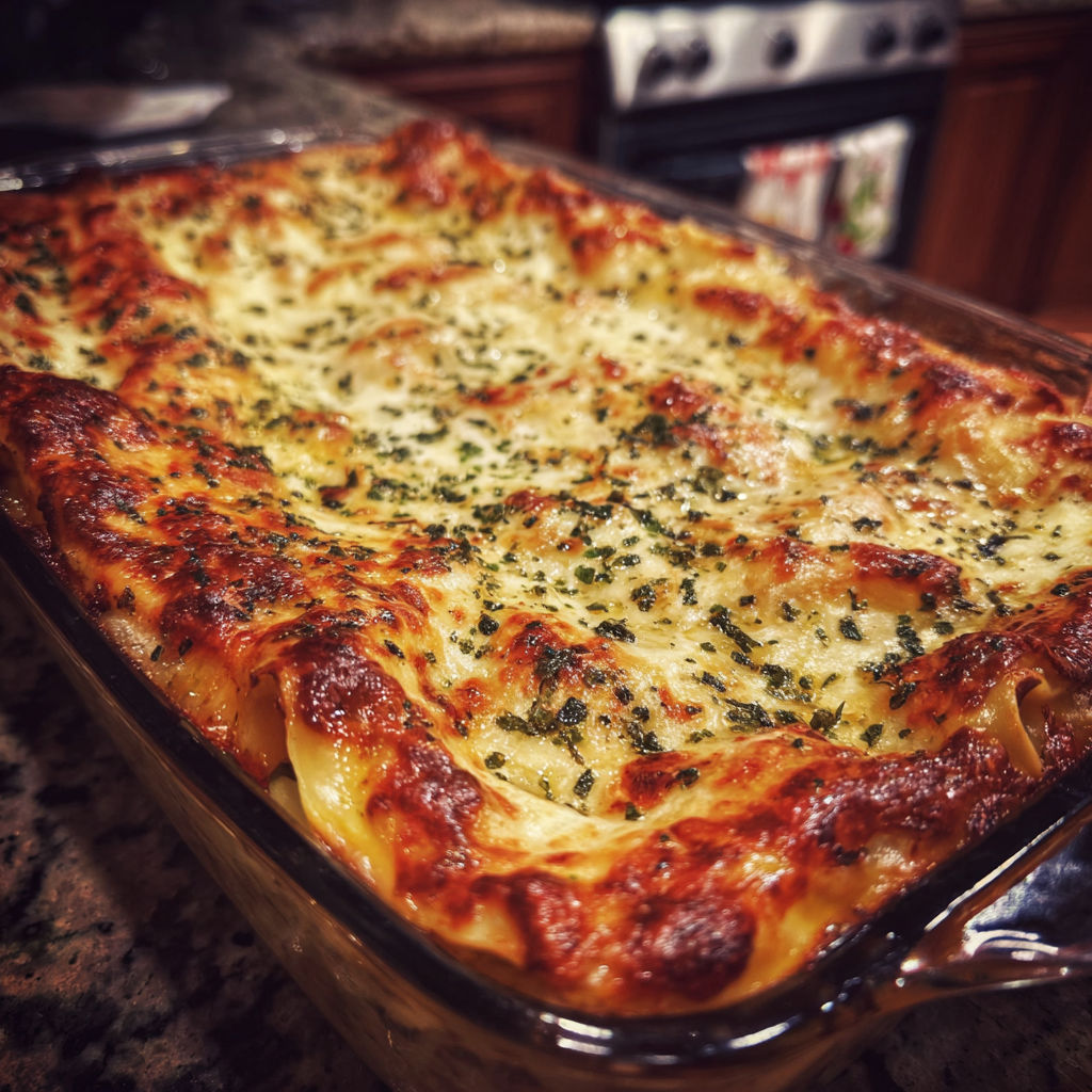 A pan of lasagna with cheese and herbs.