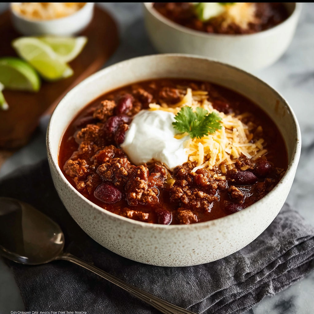 A bowl of chili with a spoon in it.