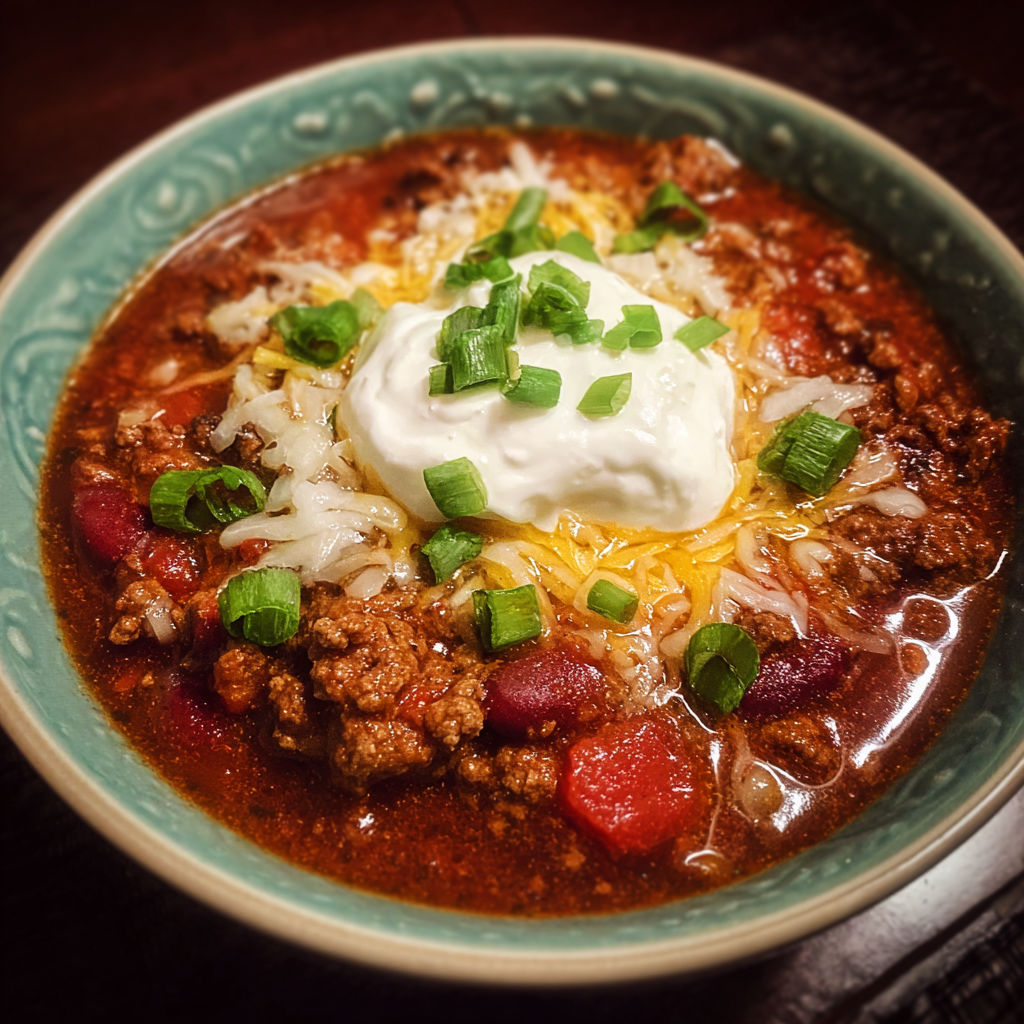 A bowl of chili with a dollop of sour cream on top.