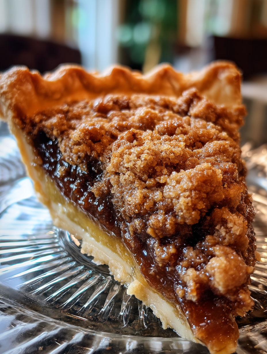 A slice of shoofly pie with a crumble topping.