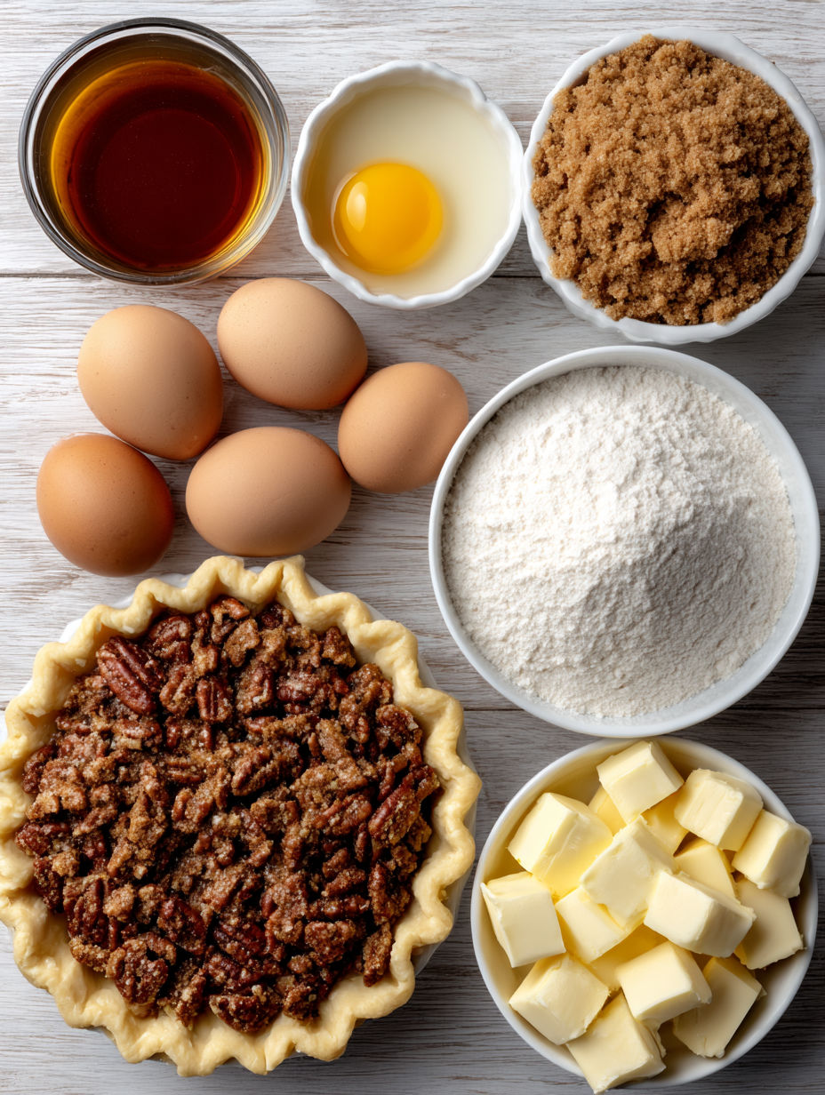 A pie with pecans and a bowl of flour.