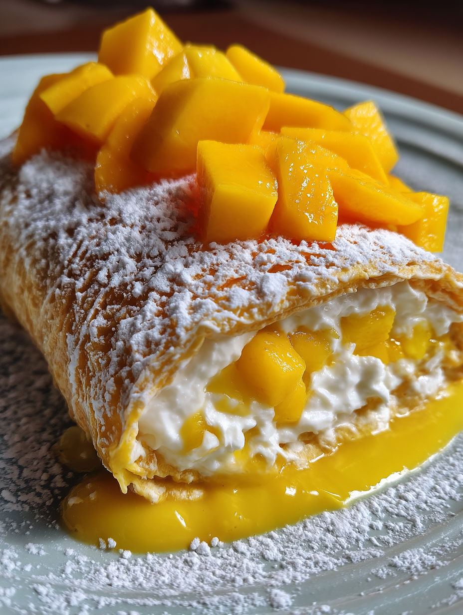 A crepe roll with mango slices on top.