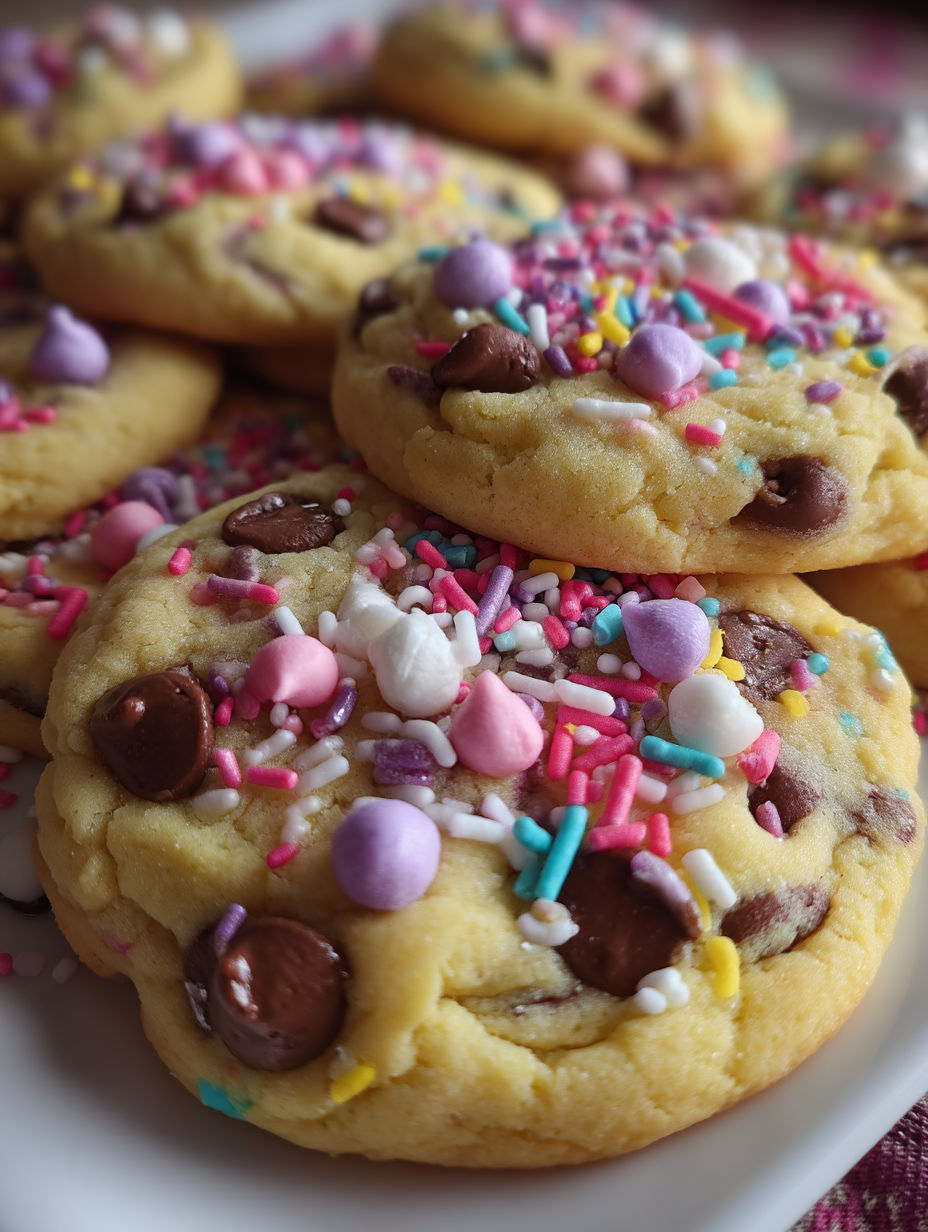A plate of chocolate chip cookies with sprinkles.