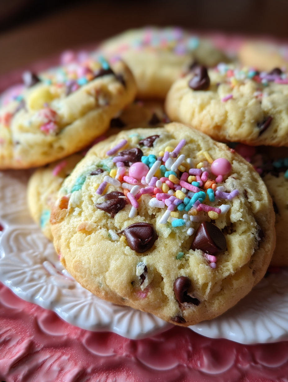 A plate of chocolate chip cookies with sprinkles.