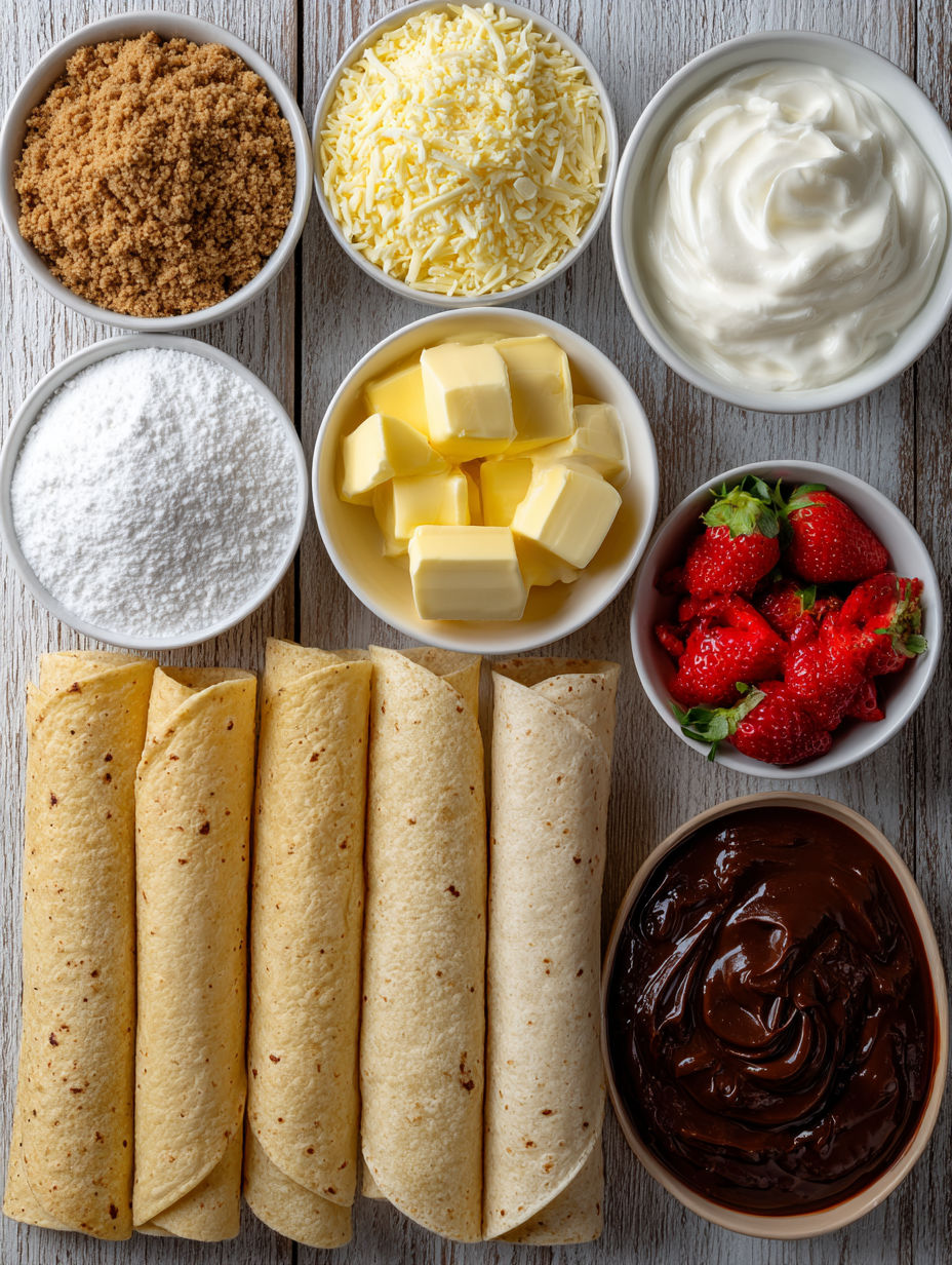A table with various ingredients for making cheesecake tacos.
