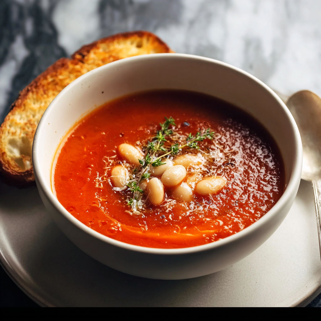 A bowl of soup with white beans and garlic.