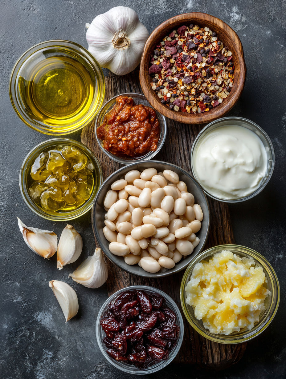 A variety of foods including beans, garlic, and sauce.