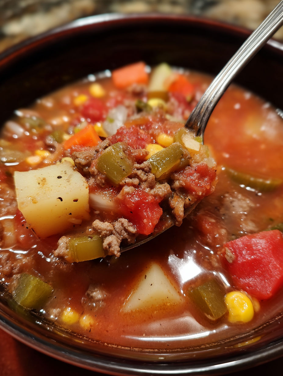 A spoon is in a bowl of soup.