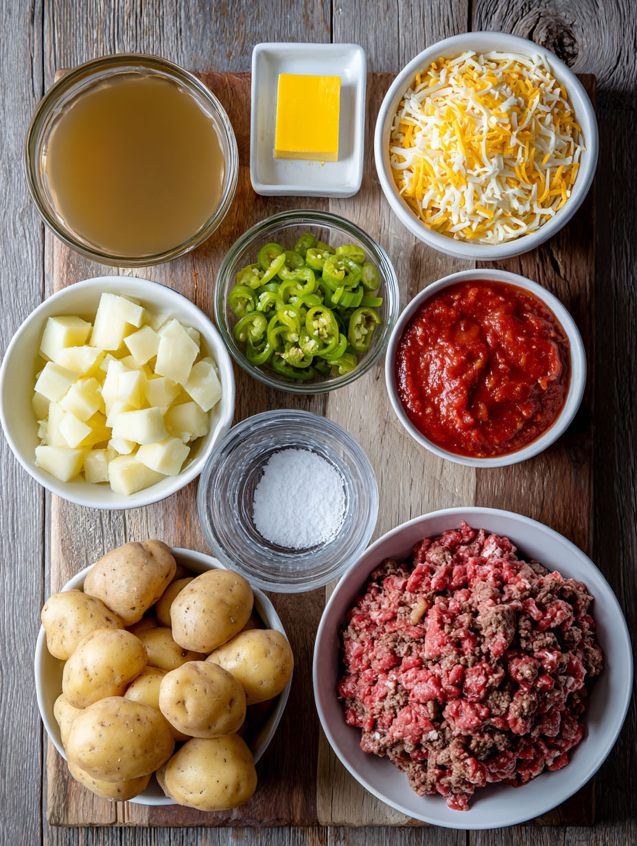 A table with various ingredients for a slow cooker vegetable beef soup recipe.