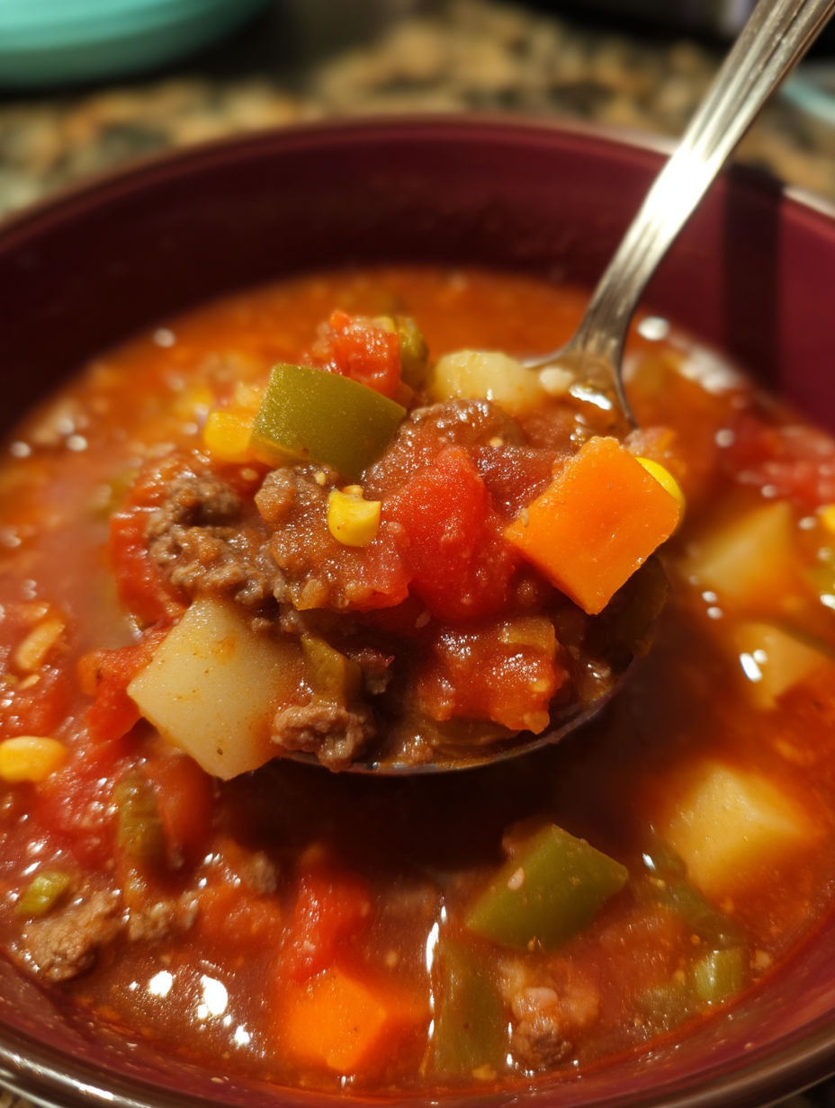 A spoon is in a bowl of soup.