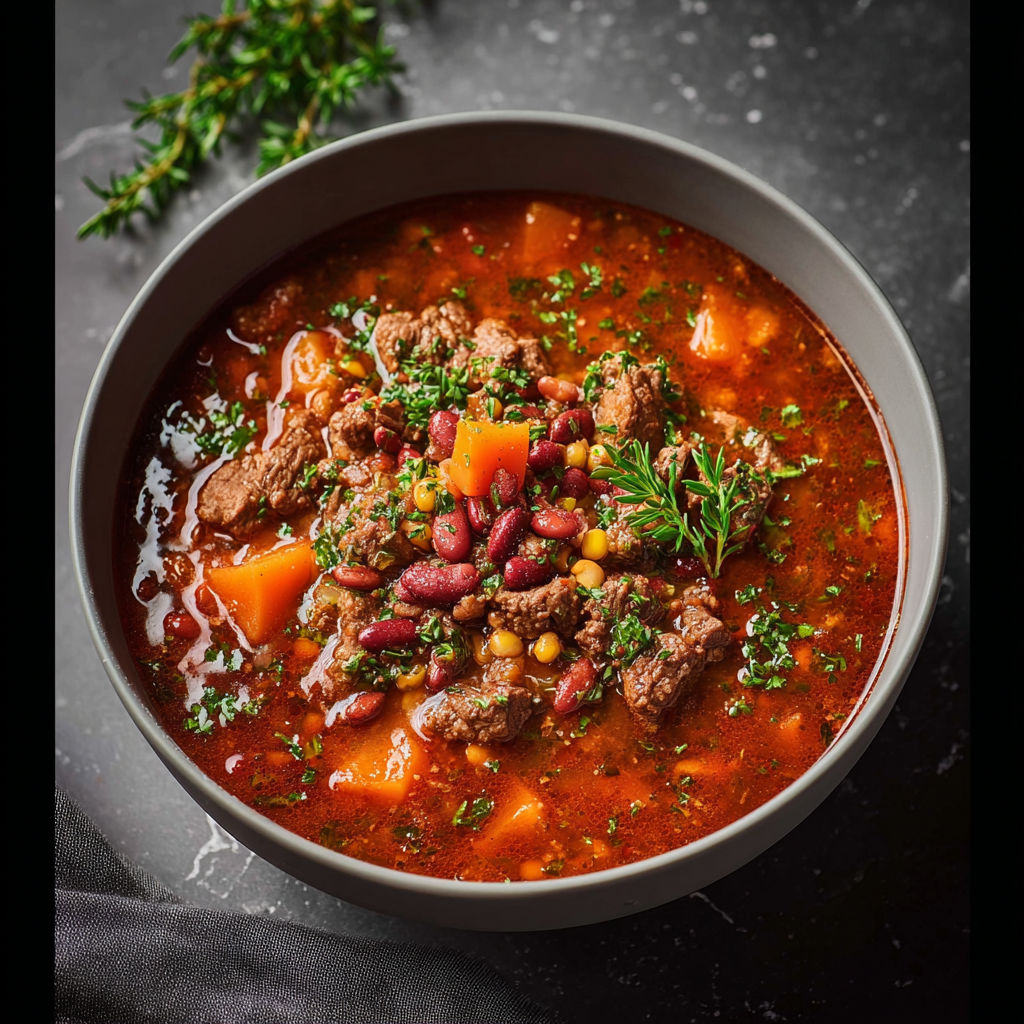 A bowl of beef and bean soup.