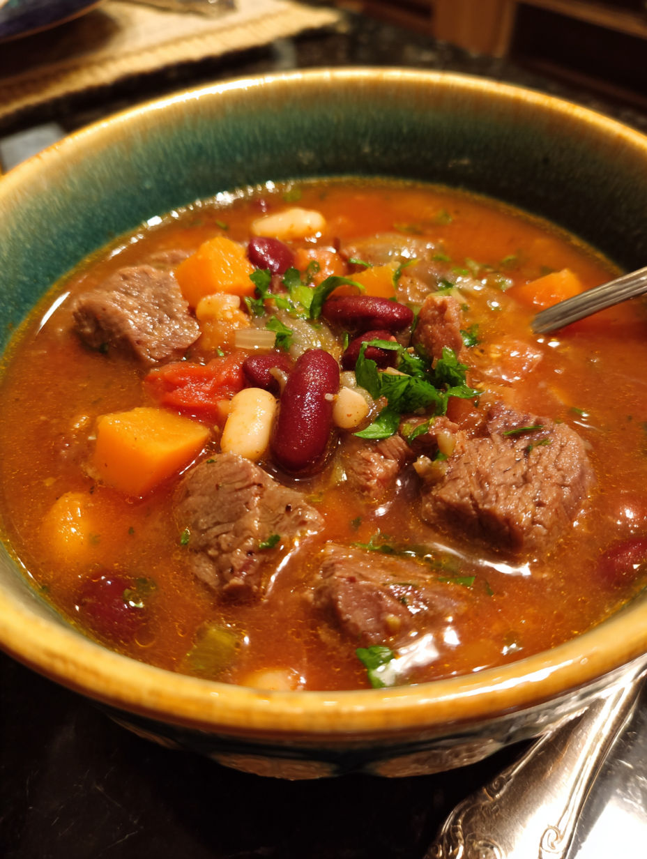 A bowl of soup with beef and beans.