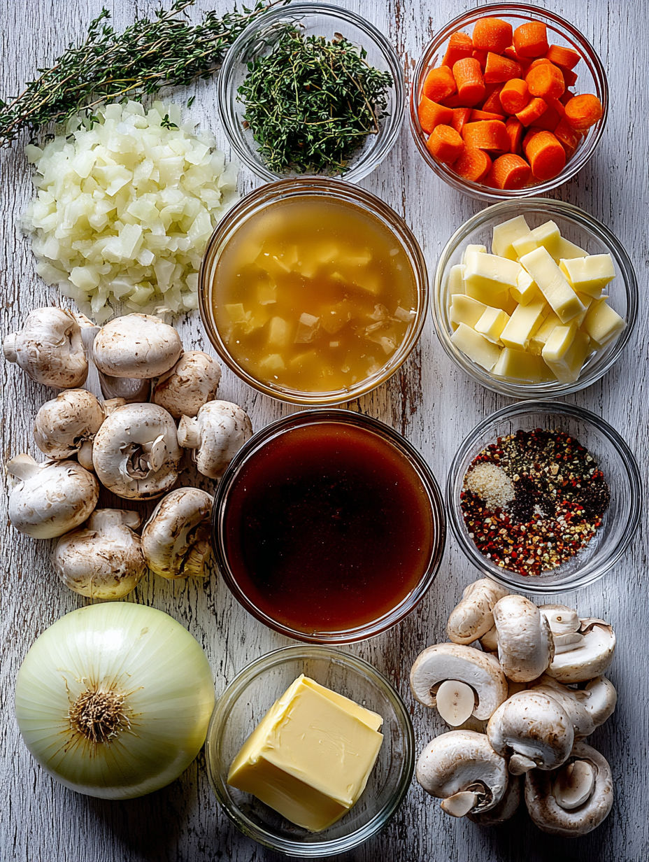 A table full of ingredients for a mushroom soup recipe.