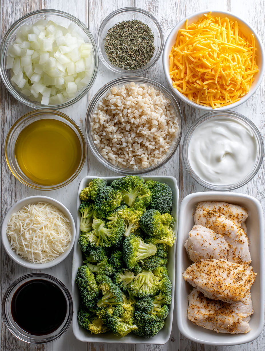 A variety of ingredients for a slow cooker chicken, broccoli, and rice casserole.