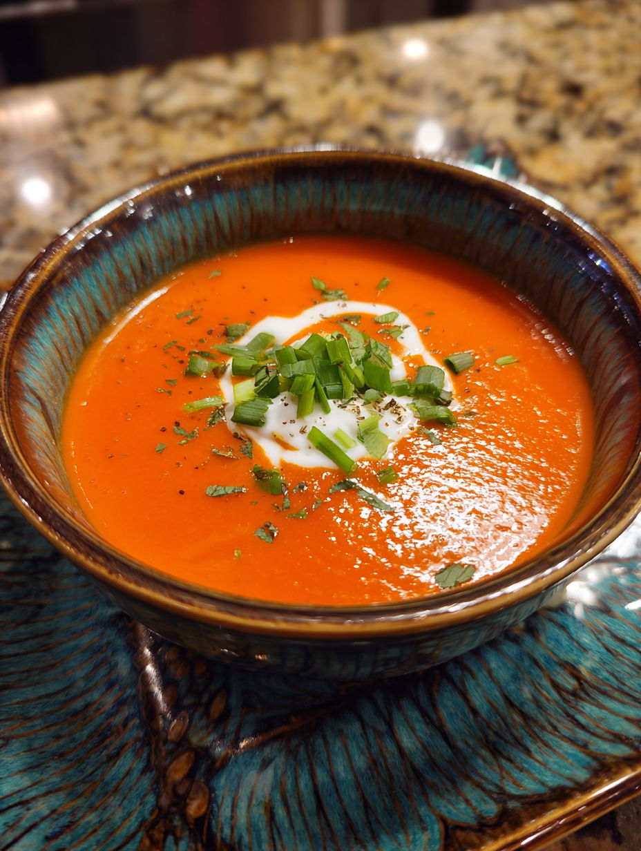 A bowl of soup with green onions on top.