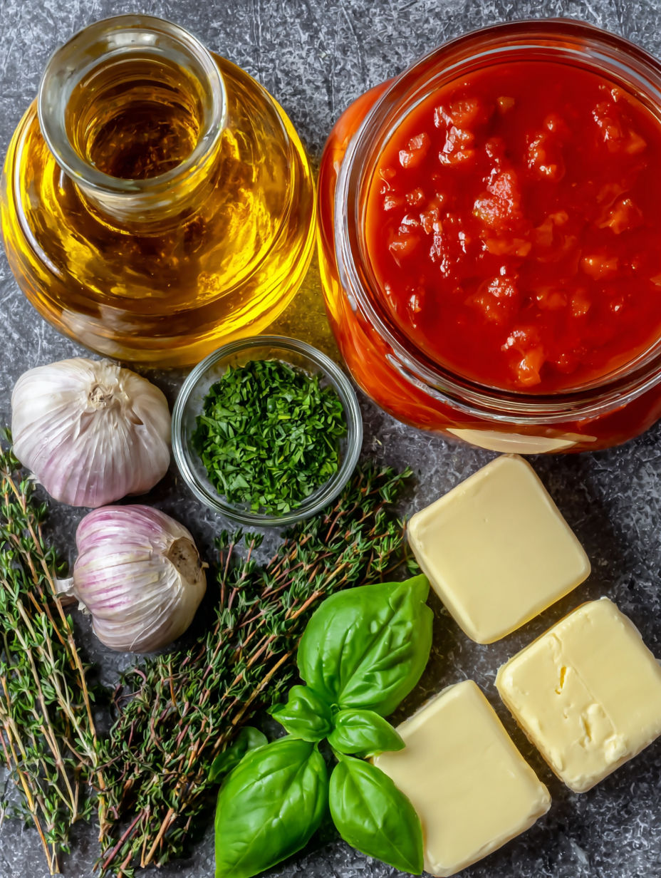 A table with various ingredients for a creamy tomato bisque soup recipe.