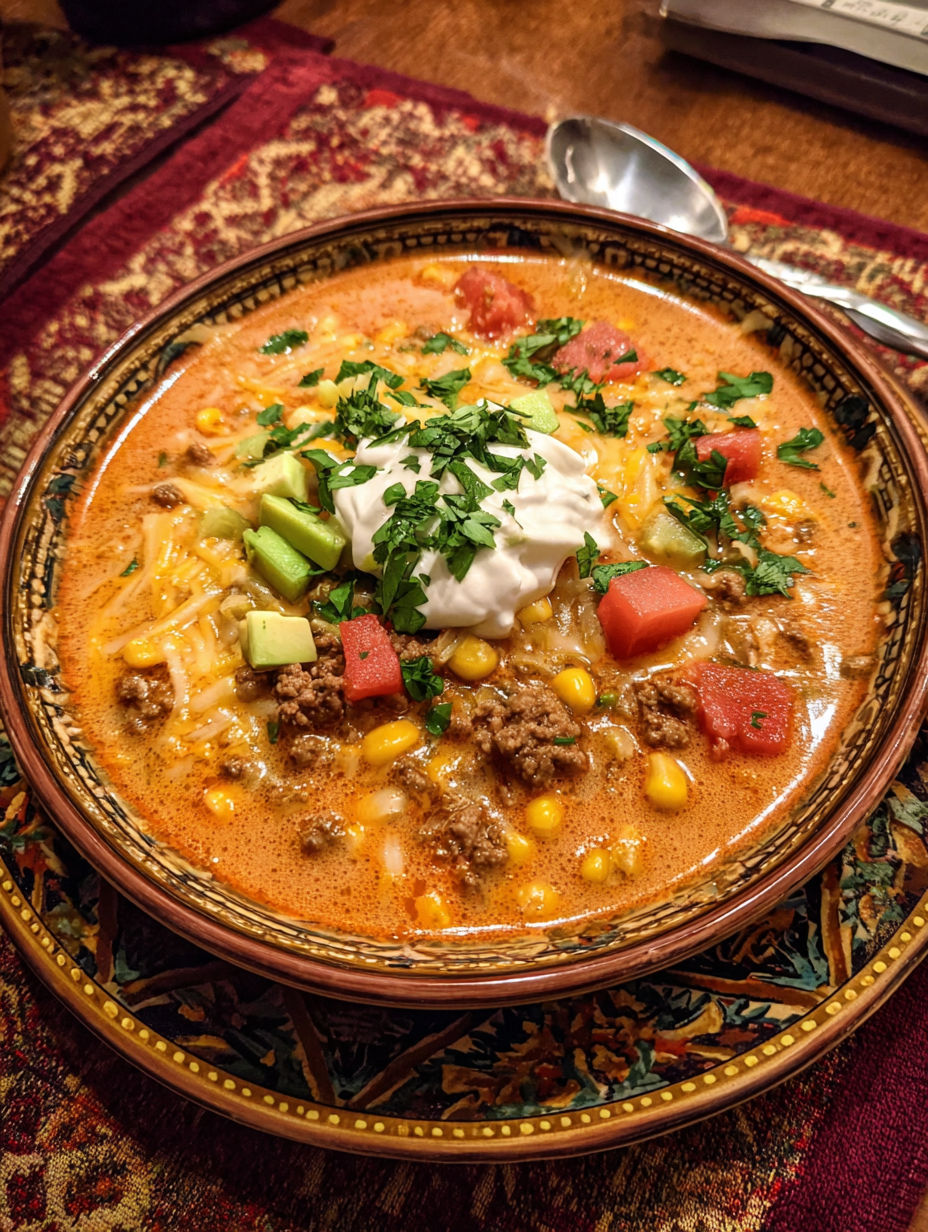 A bowl of soup with a dollop of sour cream on top.