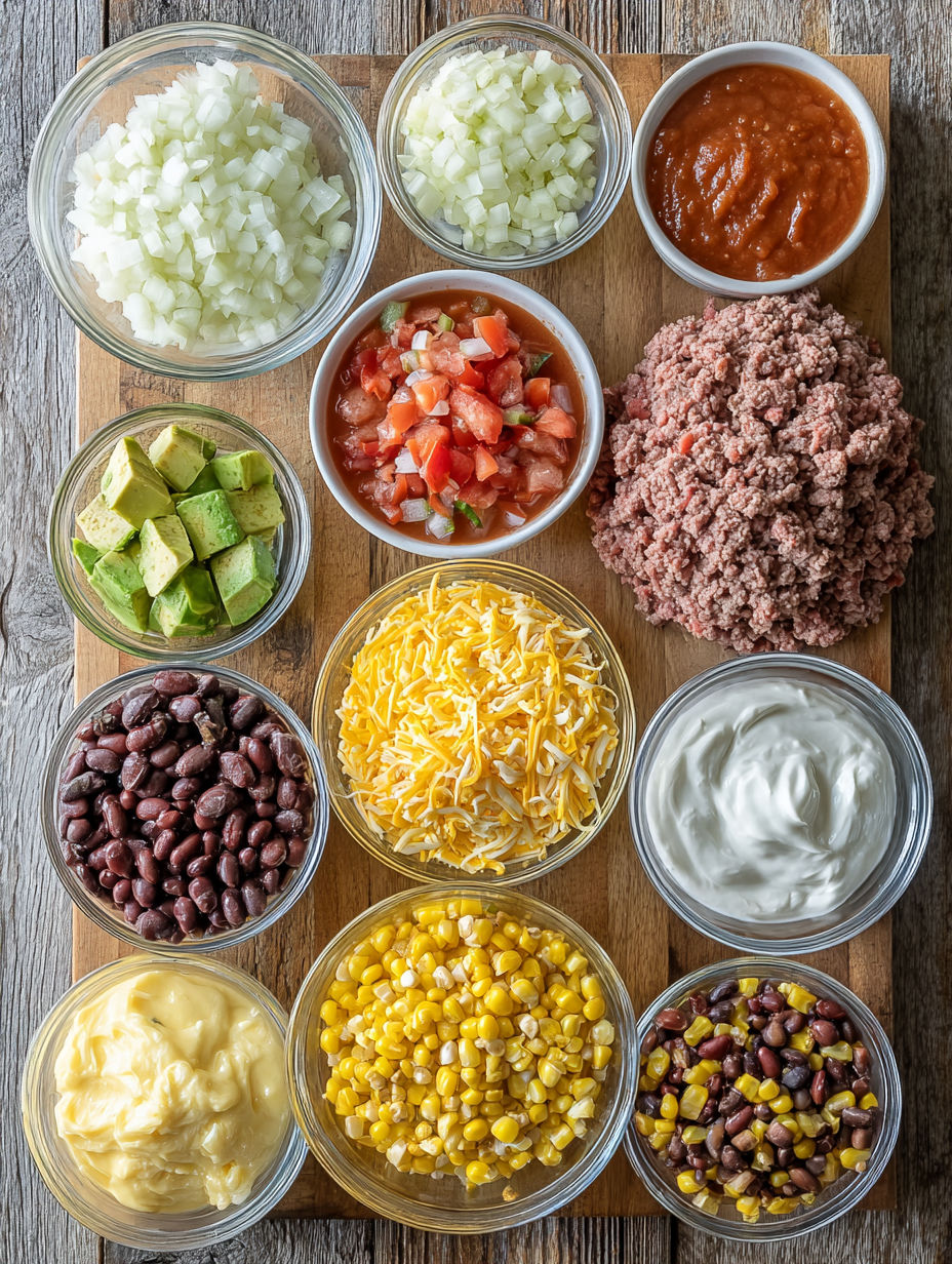 A variety of ingredients for a creamy beef taco soup recipe.