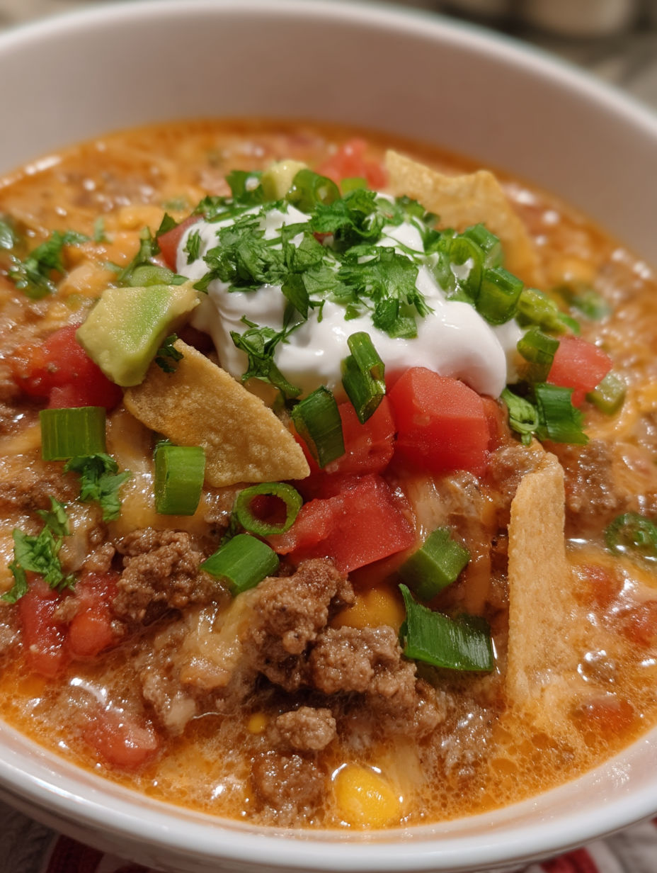 A bowl of beef taco soup with a dollop of sour cream on top.